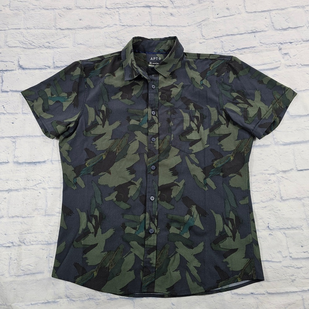 Apt 9 Button Down Shirt MENS M Green Abstract Premier Flex Untucked Slim Fit